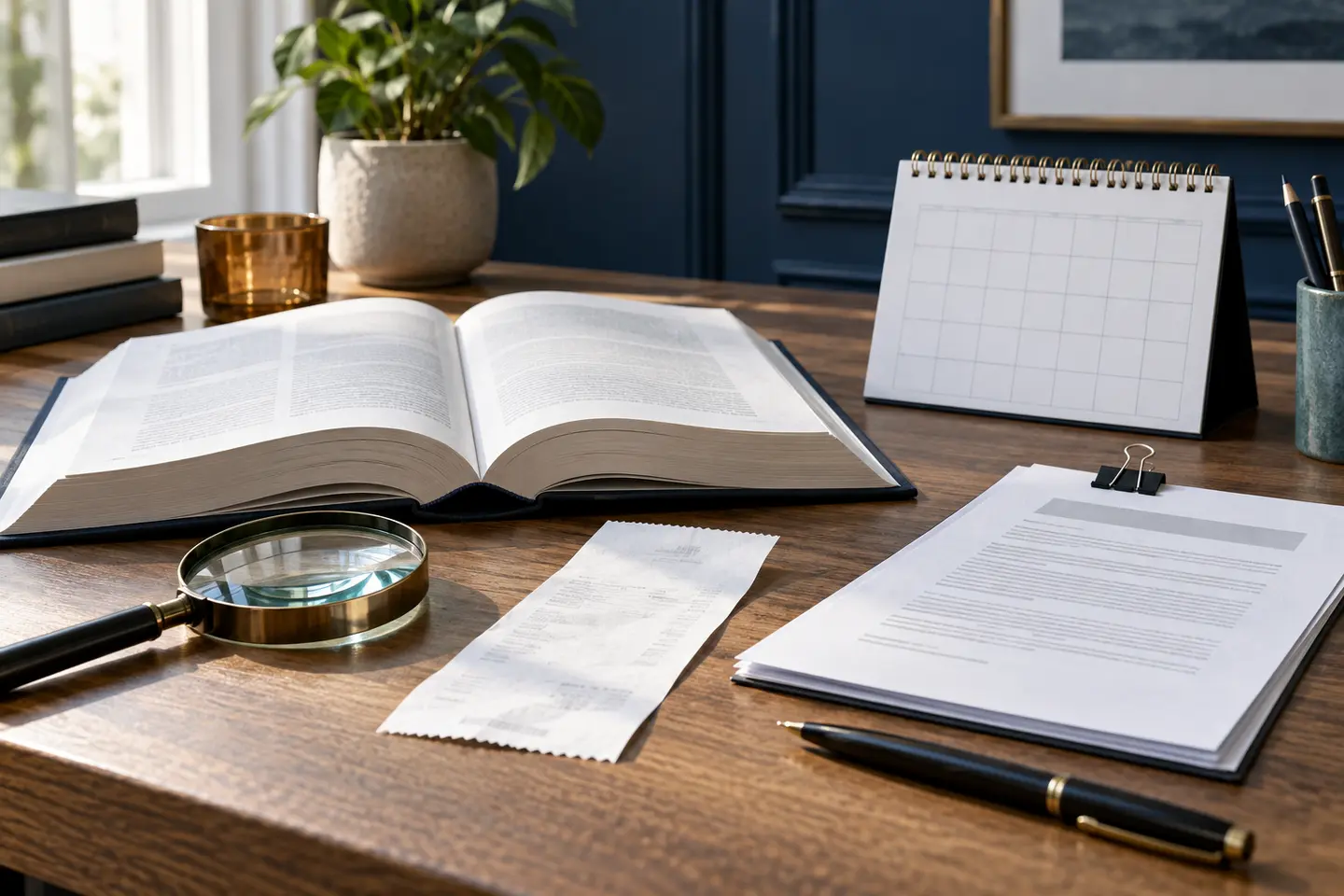 Livre de référence, loupe, calendrier et documents réunis pour vérifier un droit