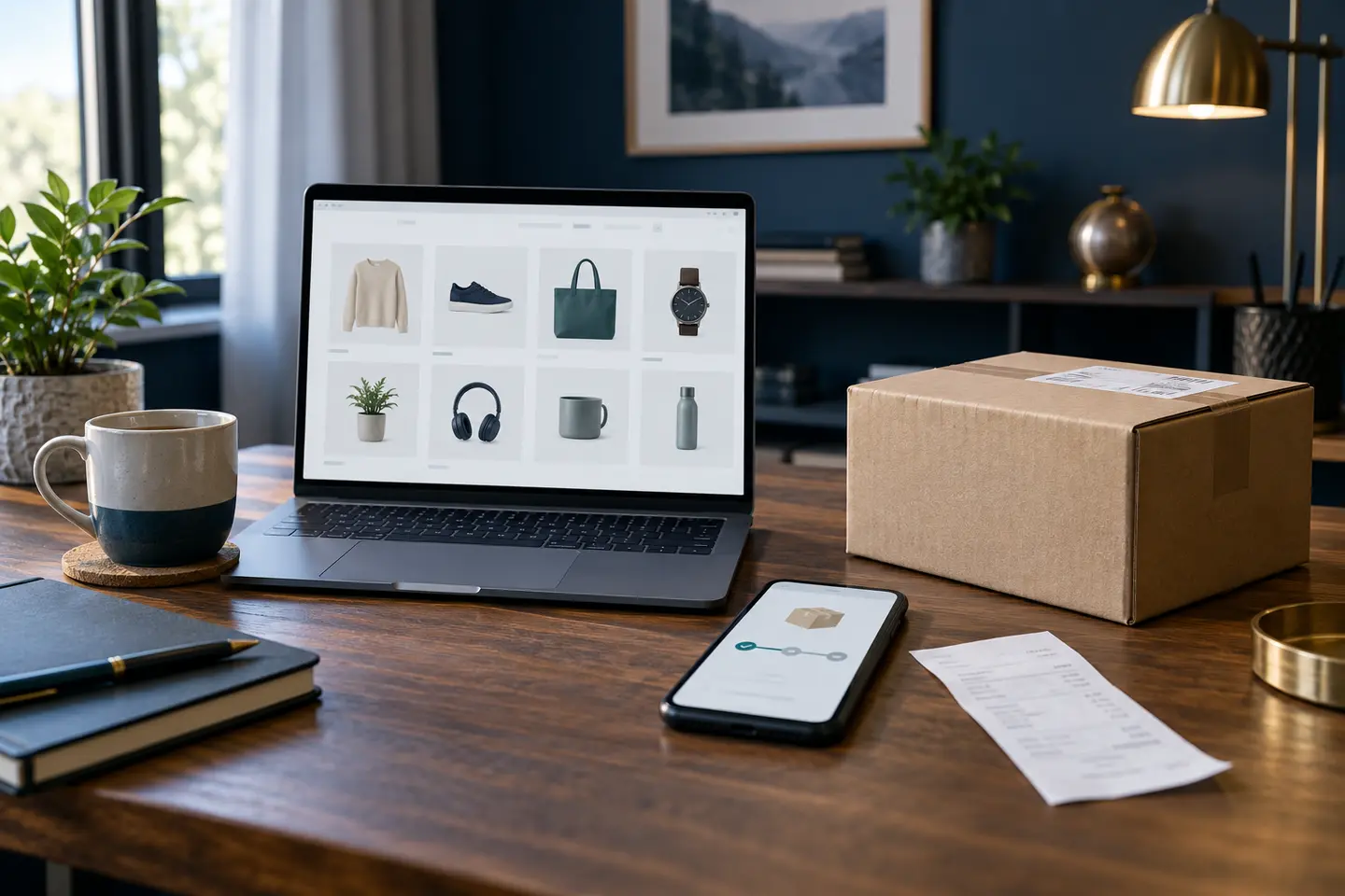 Ordinateur de commerce en ligne, colis, reçu et suivi de livraison sur téléphone