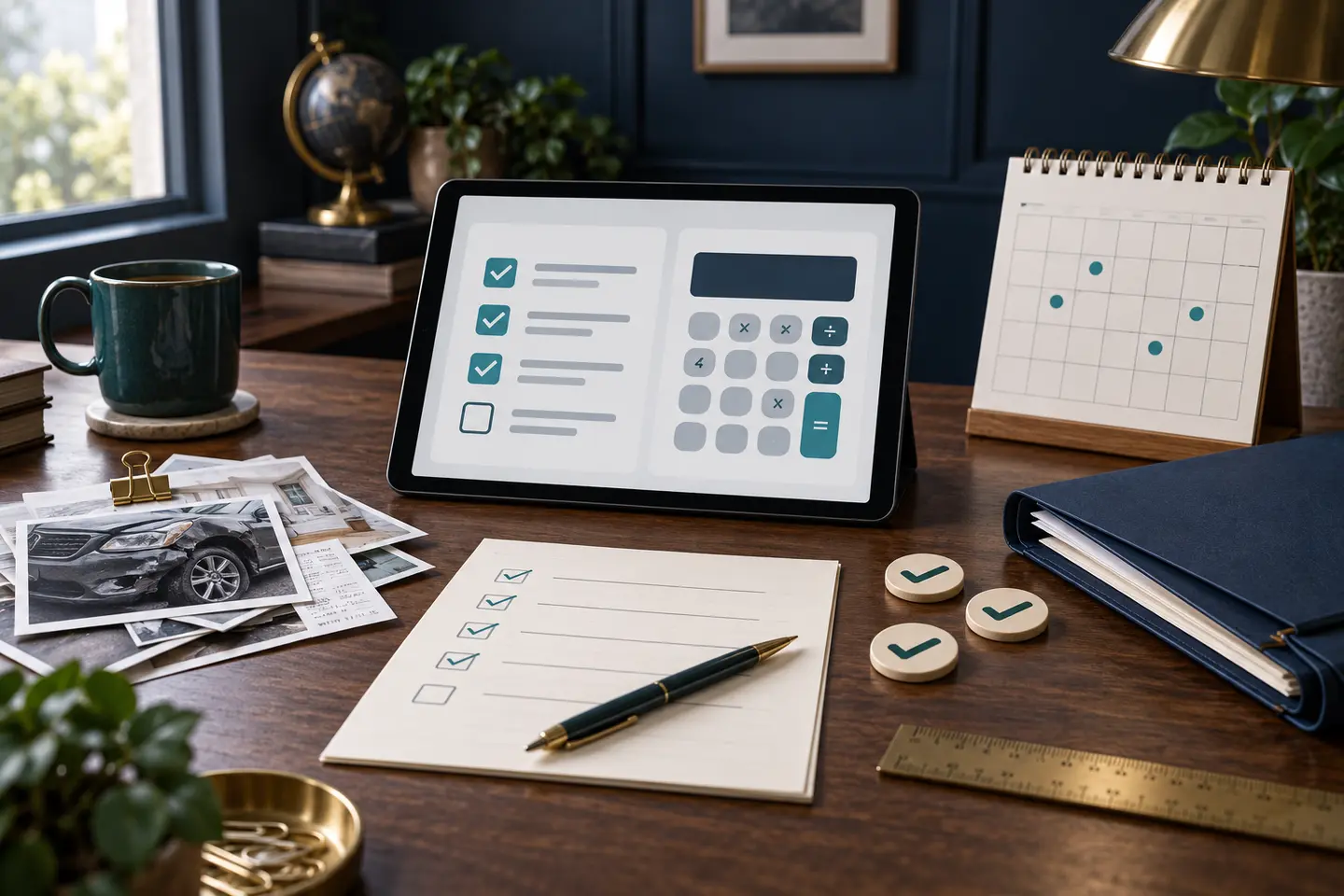 Tablette avec checklist et calculateur, calendrier, règle et dossier de suivi