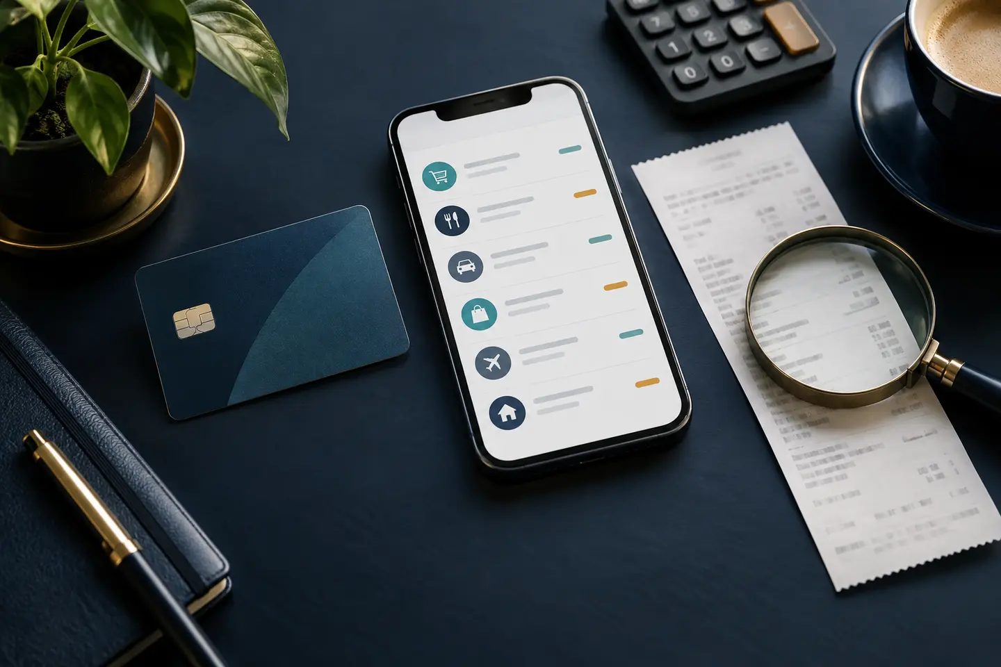 Carte bancaire, opérations sur téléphone, reçu, calculatrice et loupe de vérification