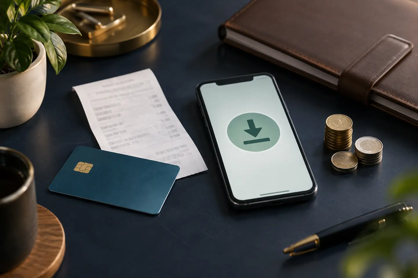 Carte bancaire, reçu, pièces et remboursement crédité sur un téléphone