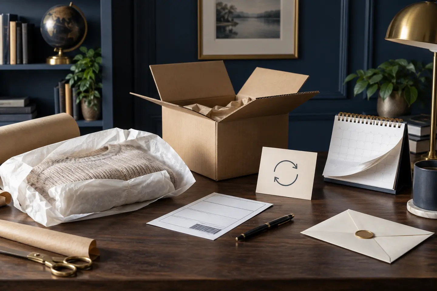 Produit remballé, calendrier, enveloppe et symbole de retour pour exercer une rétractation